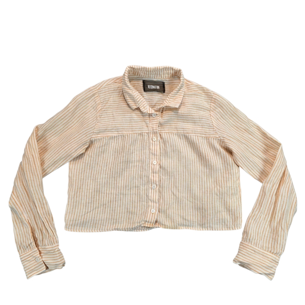 Reformation Surplus Linen‎ Stripe Top Long Sleeve Crop Boxy Fit Blouse Beachy Sm